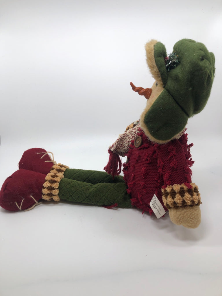 SITTING PLUSH SNOWMAN GREEN HAT/PANTS RED SWEATER.