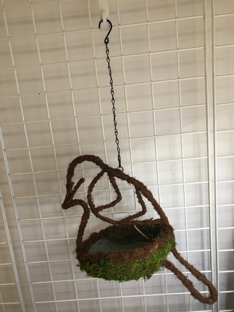 MOSS BIRD SHAPED HANGING PLANTER W/ PLASTIC INSERT.