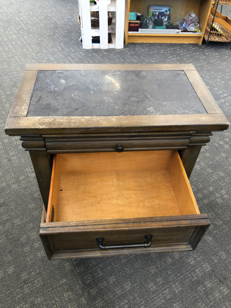 3 DRAWER TUSCANY BROWN NIGHTSTAND W/SLATE TOP.