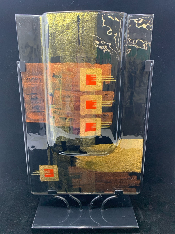 BLACK METAL THIN VASE W/GOLD ACCENTS.