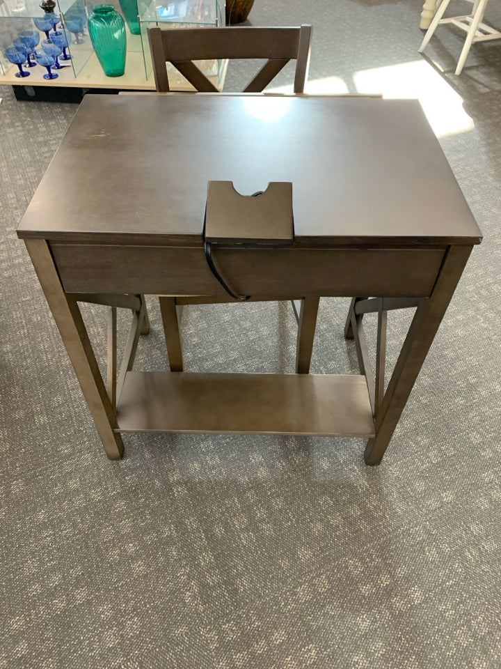 DK WOOD WRITING DESK AND CHAIR W/OUTLETS LAP DRAWER.