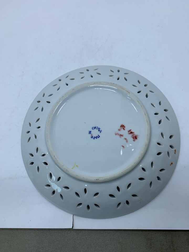 PIERCED EDGE BLUE FLOWER PLATE.