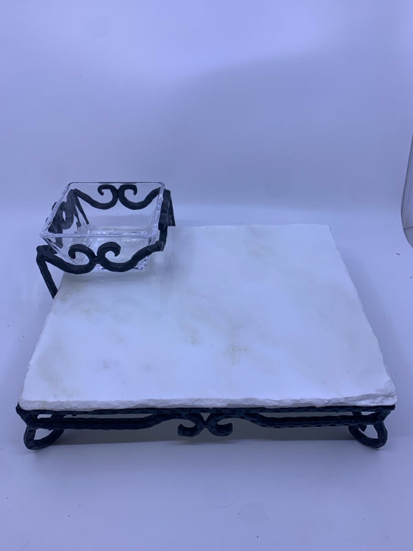 HEAVY METAL W/ MARBLE SLAB + SQUARE GLASS BOWL ATTACHED SERVER.