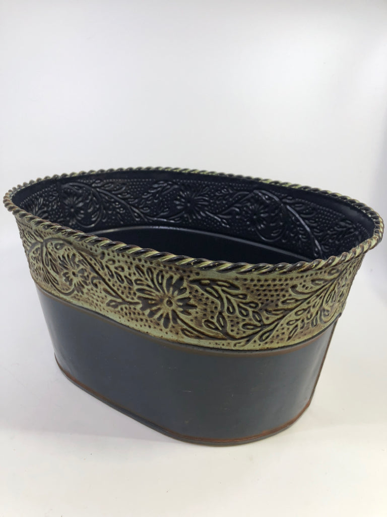 BLACK GAVANIZED BUCKET W/GREEN FLORAL TRIM.
