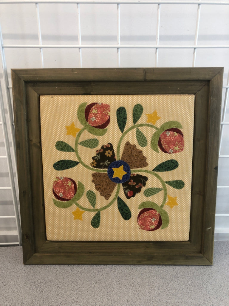FLORAL APPLIQUE WALL HANGING IN GREEN FRAME.