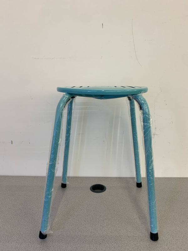 NEW TEAL METAL SLOTTED STOOL.