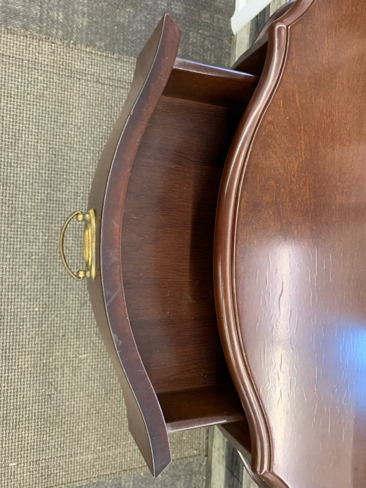 MAROON HALF MOON TABLE W 1 DRAWER.
