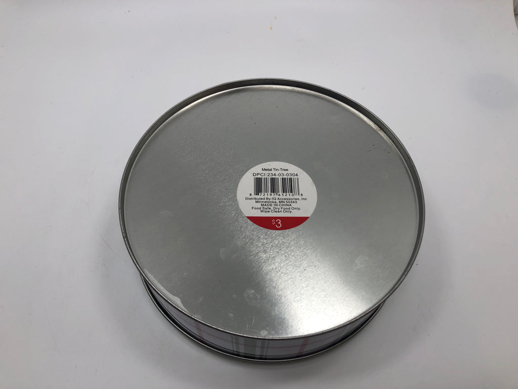 ROUND BLUE TIN CHRISTMAS TREE "BEST TIME OF YEAR".