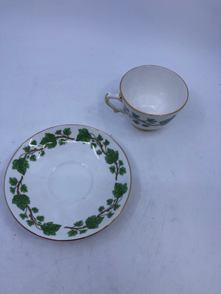 GREEN IVY TEACUP/SAUCER STAFFORDSHIRE.