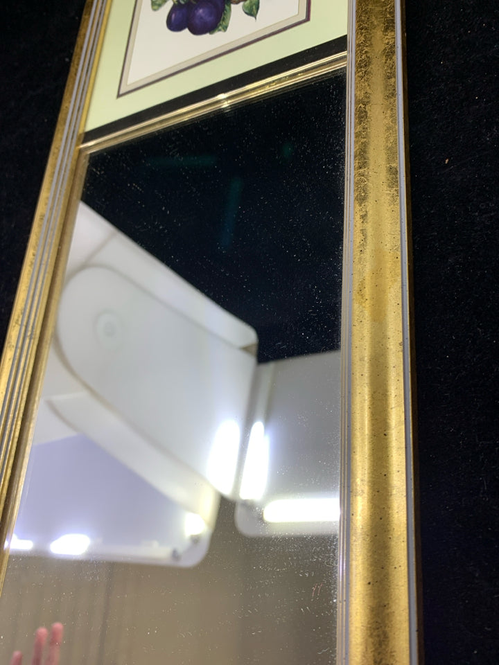 GOLD FRAME MIRROR W/ PURPLE PLUM.