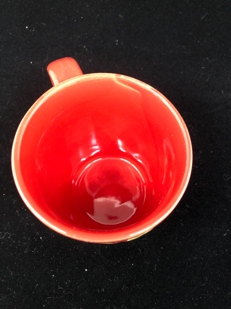 4 RED MUG W/ EMBOSSED HOLLY.