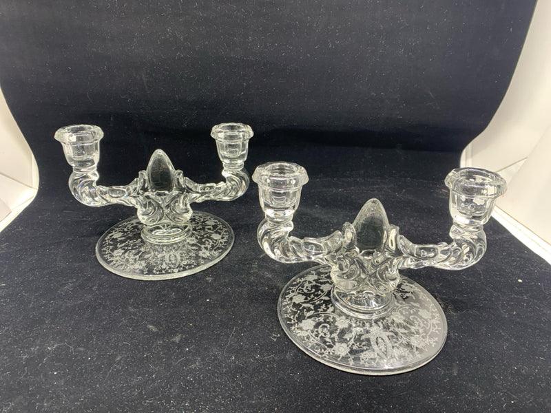 2 VTG FLORAL ETCHED TAPER CANDLE HOLDERS.