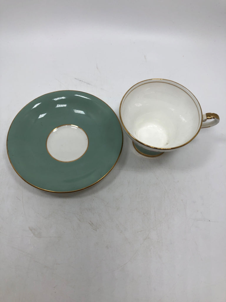 VTG TEAL FLORAL TEACUP/SAUCER.