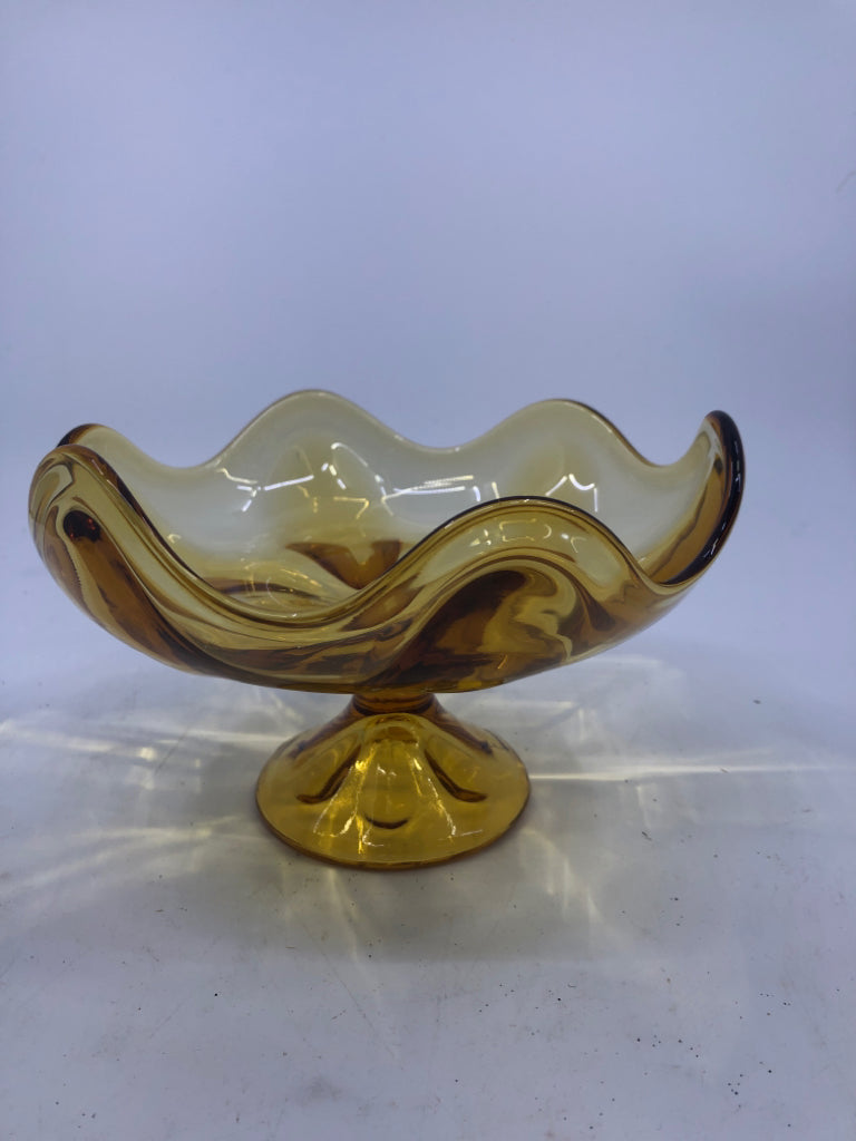 VTG SMALL AMBER GLASS FOOTED WAVY EDGE DISH.