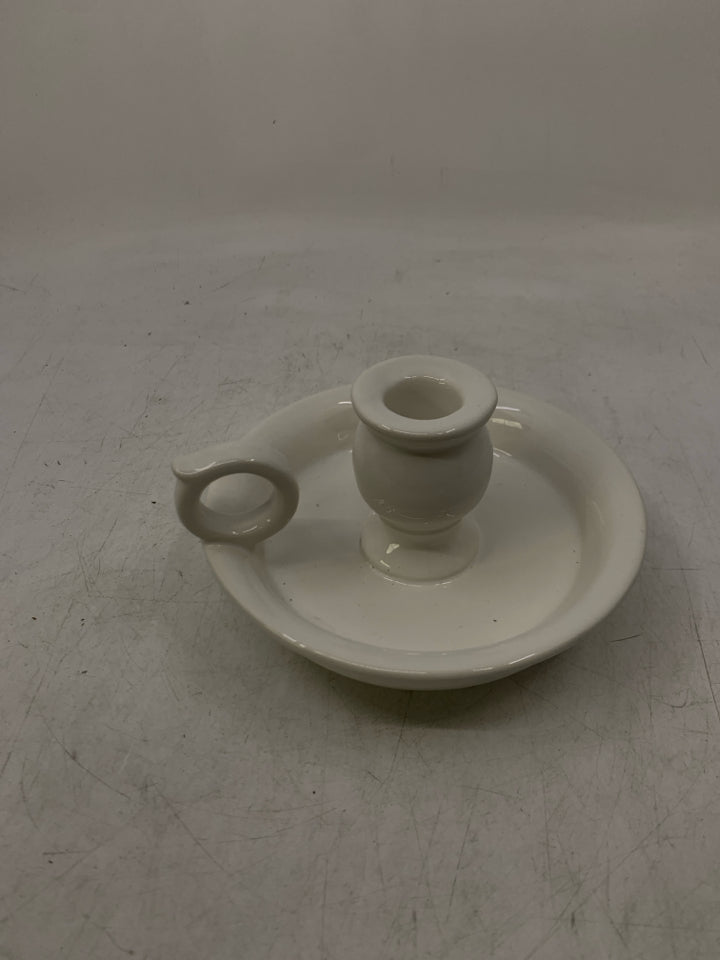 CERAMIC TAPERED CANDLE HOLDER W/ CANDLE WAX CATCH.