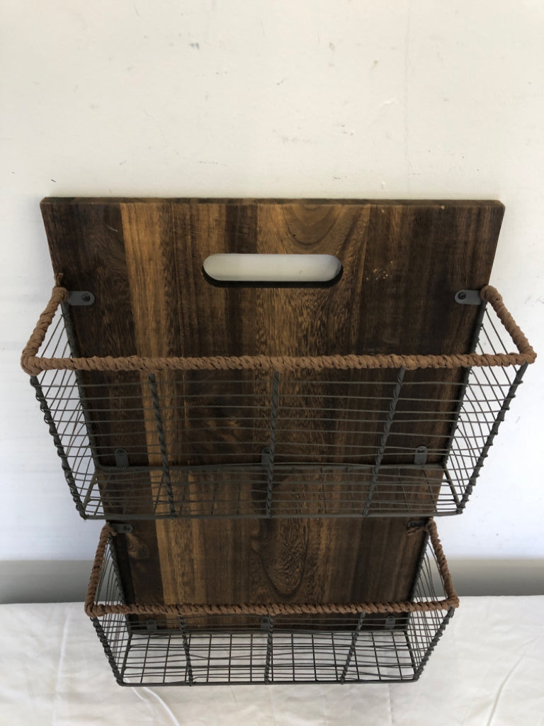 DARK WOOD 2 TIER FILING WIRE BASKETS WALL ART.