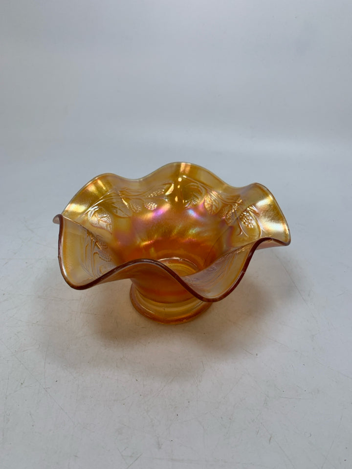 VTG CARNIVAL GLASS MARIGOLD SMALL RUFFLED EDGE DISH W/ EMBOSSED BERRIES LEAVES.
