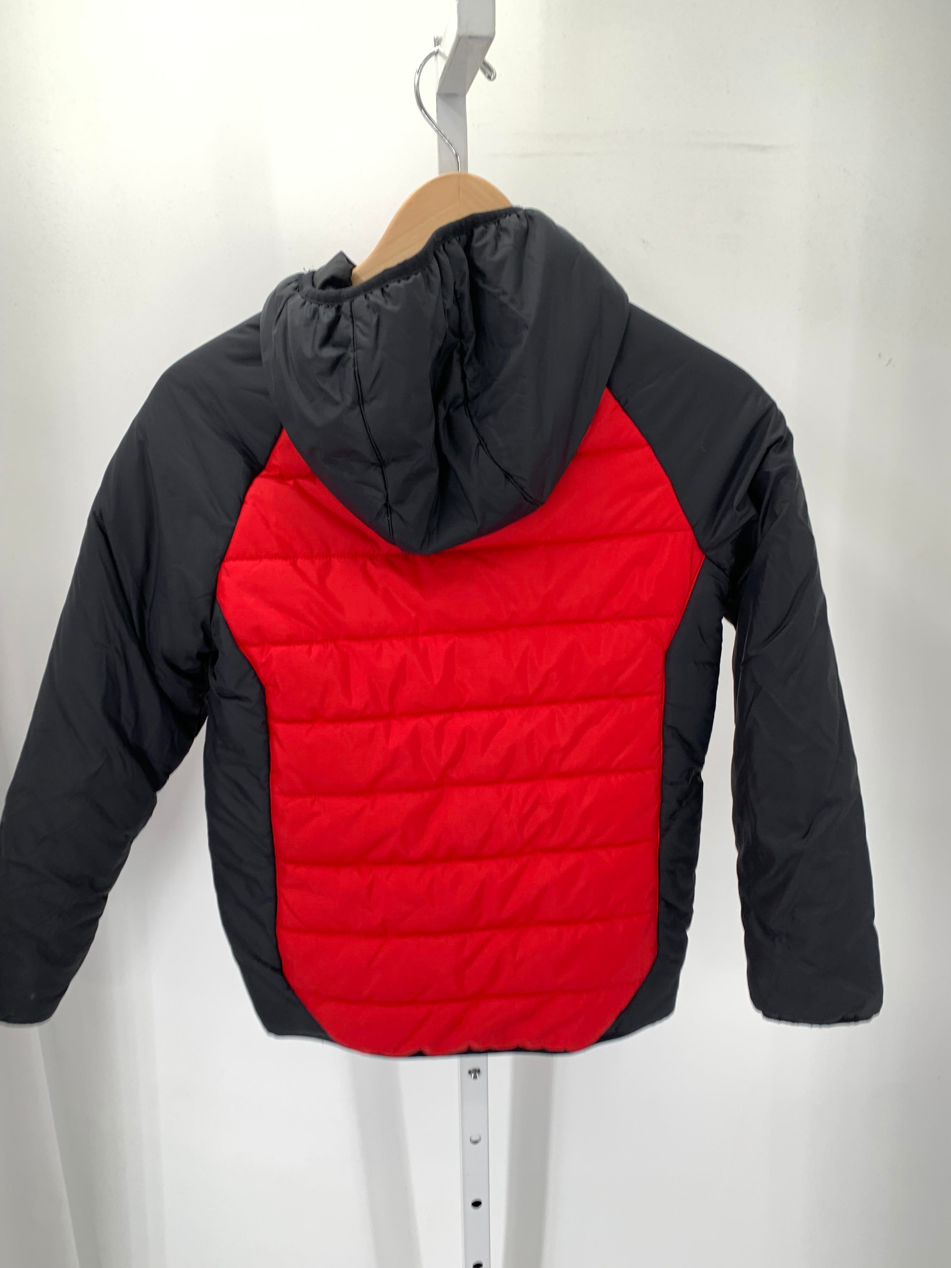 RED HOODED ZIP PUFF JACKET.