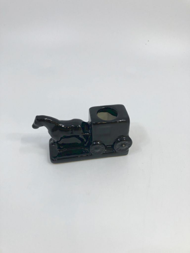 BLACK CERAMIC HORSE & CARRIAGE TOOTHPICK HOLDER.