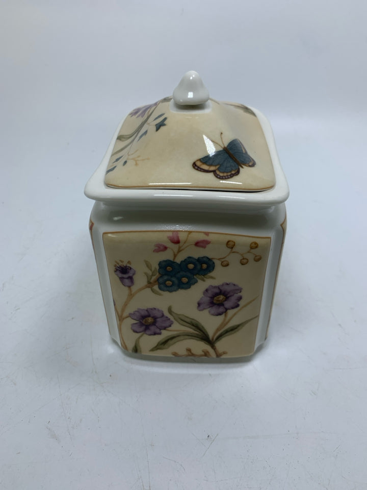 FLORAL SQUARE CANISTER W/ BUTTERFLIES.