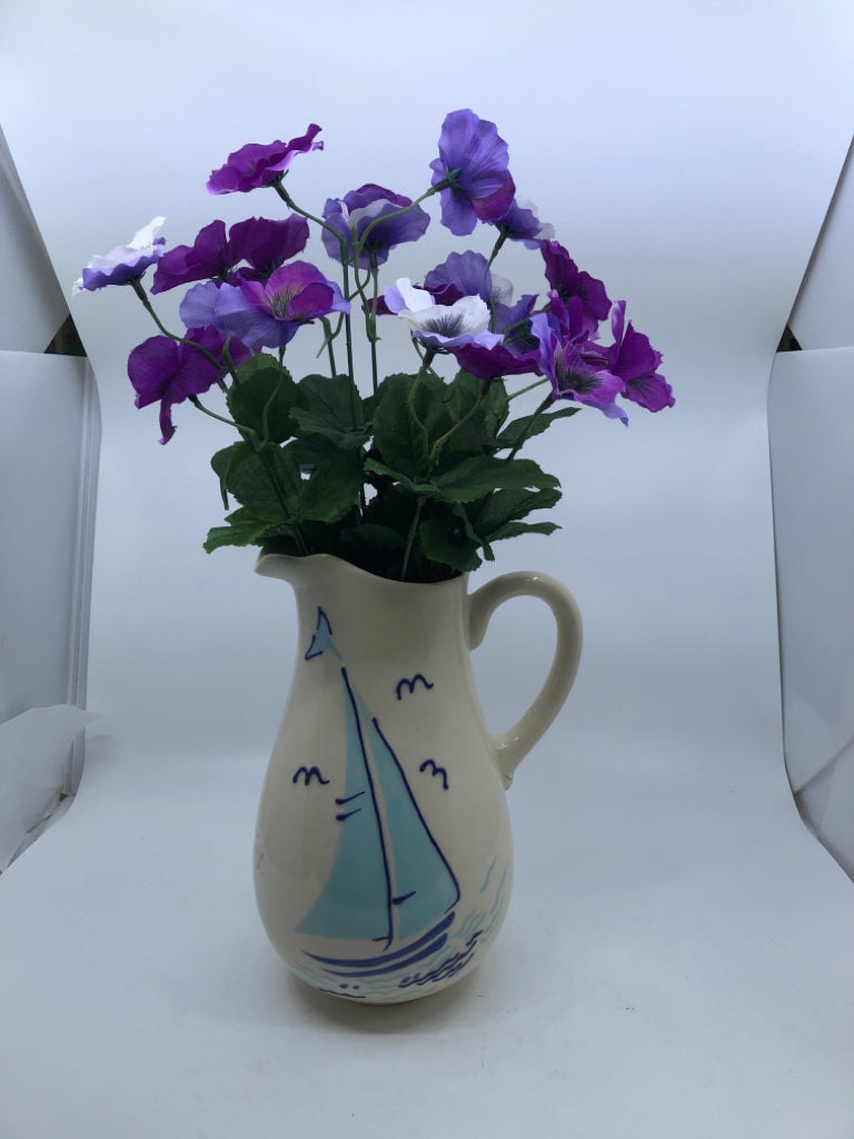 FAUX PURPLE FLORAL IN BLUE SAILBOAT PITCHER.