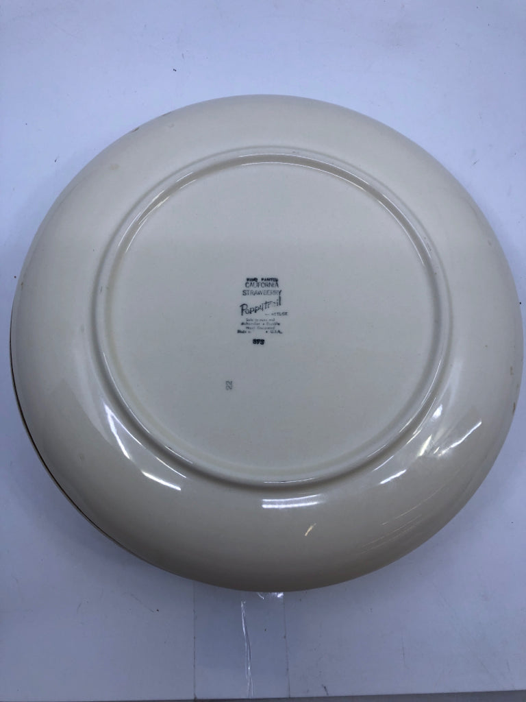 4 VTG BROWN RIMMED STRAWBERRY PATTERN DINNER PLATES.