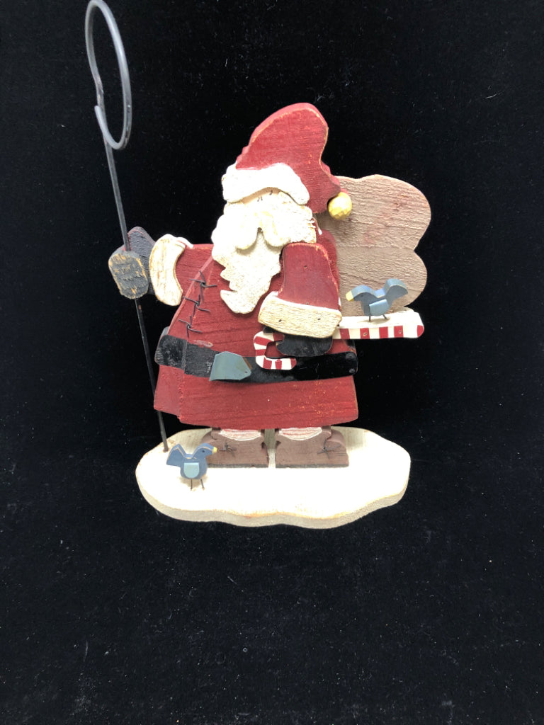 WOODEN SANTA W/ BLUE BIRDS.