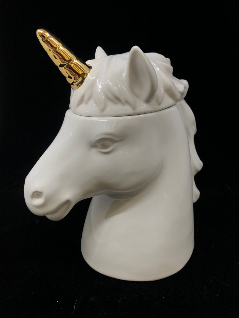 WHITE CERAMIC UNICORN COOKIE JAR W/GOLD HORN.