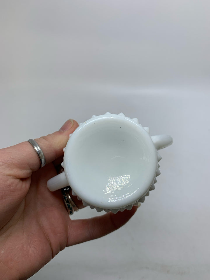 MILK GLASS MINI HOBNAIL SUGAR BOWL W/ HANDLES.