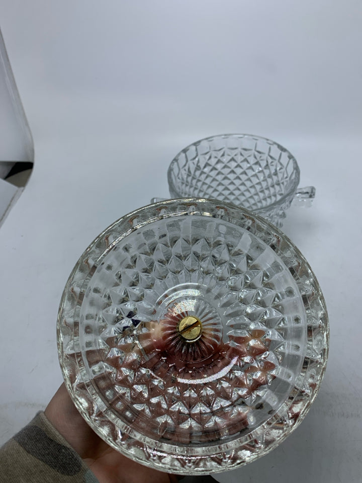 HEAVY TEXTURED GLASS ICE BUCKET W/ DOME COVER METAL HANDLE.