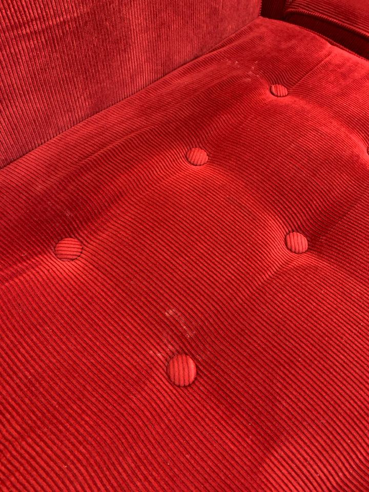 2 RED CORDUROY ARMLESS ACCENT CHAIRS.