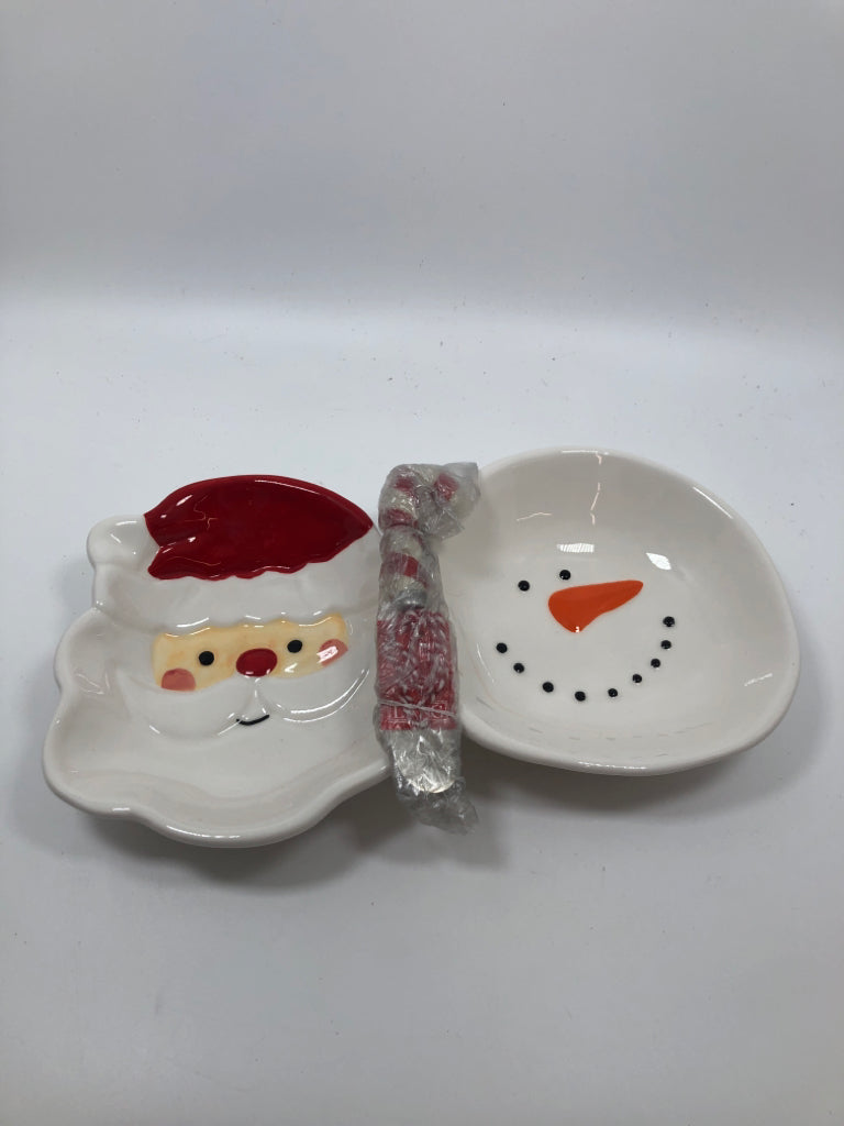 SANTA/SNOWMAN DISH W/CANDY CANE SPREADER.