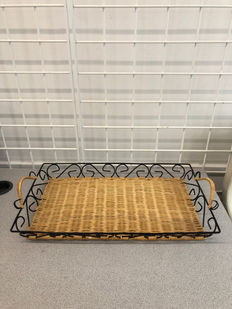 WICKER WOVEN TRAY W/METAL SCROLL SIDES/HANDLES.