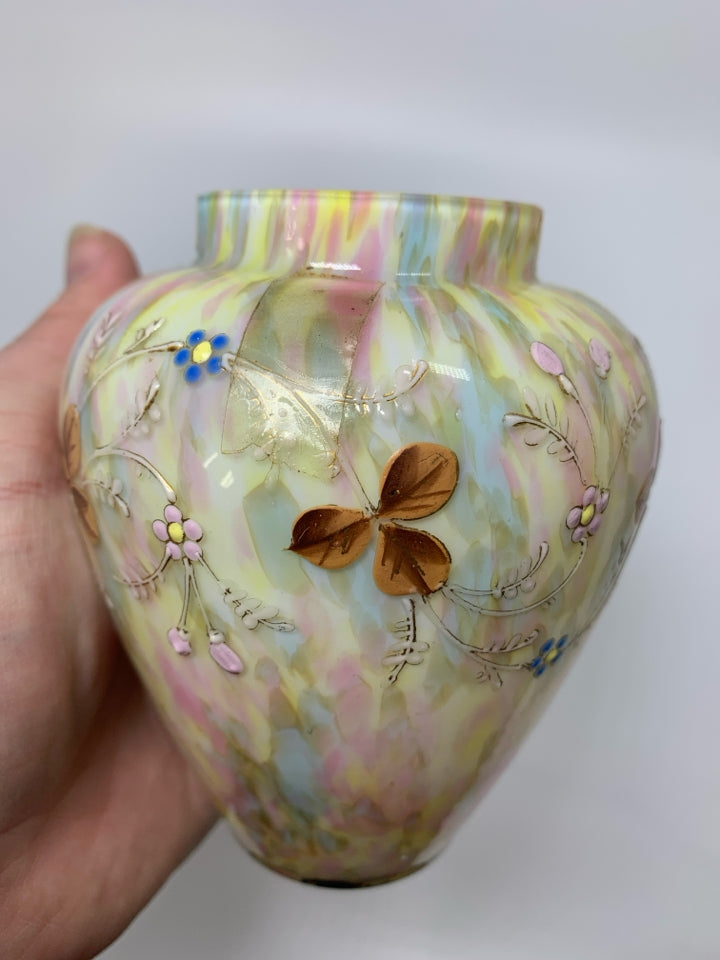 MULTI COLORED SMALL GLASS GINGER JAR W/ PAINTED CLOVERS.