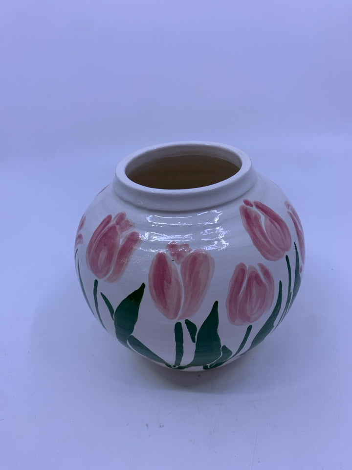 SMALL ROUND PINK TULIP VASE.