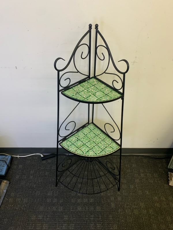 3 TIER GREEN MOSAIC TILE AND BLACK METAL PLANT STAND.
