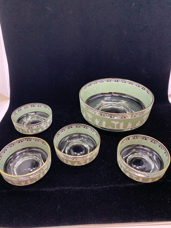 VTG 5PC HELLENIC GREEN GLASS SERVING BOWL W/4 BOWLS.