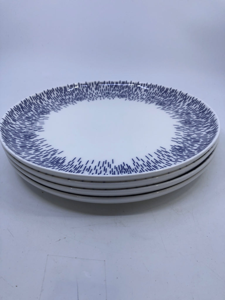 4 WHITE DINNER PLATES W/ BLUE LINED EDGE MIKASA.