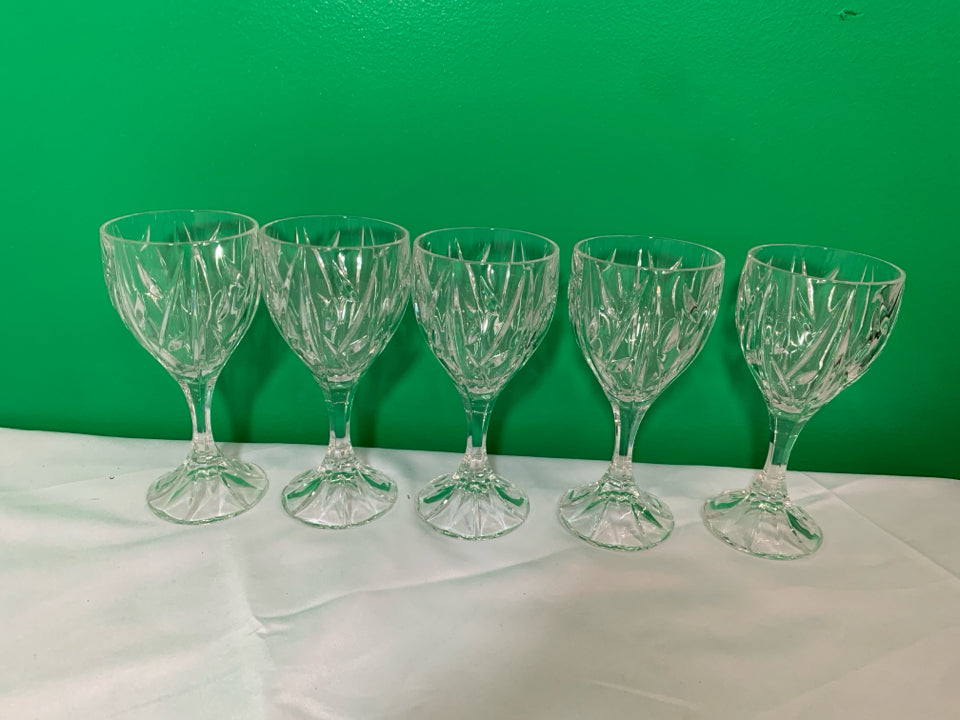 5 TALL CUT GLASS WINE GLASSES.