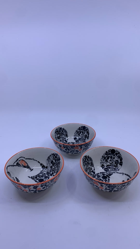 3 SMALL MICKEY MOUSE SCRIPT BOWLS.