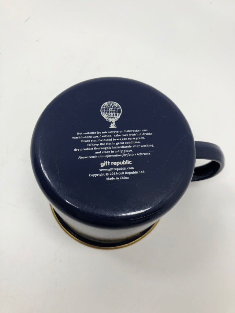 BLUE WORLD MAP MUG W/ GOLD RIM.
