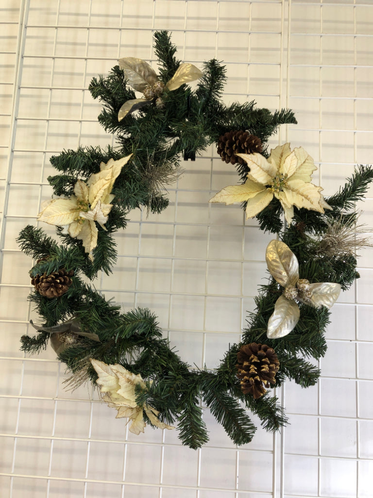 WREATH W/ WHITE/GOLD POINSETTIA/PINECONE.