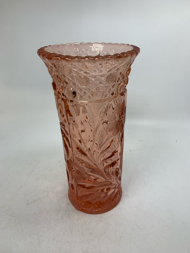HEAVY PRESSED W/ ETCHED FLOWERS VASE.