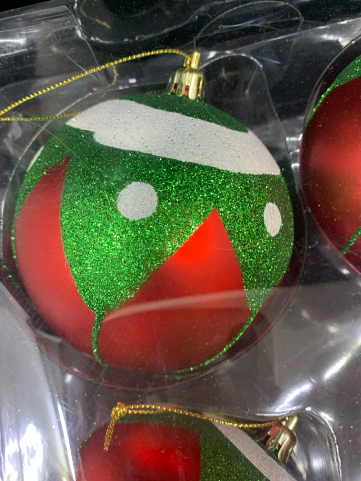 6 RED/GREEN/WHITE SHATTER PROOF ORNAMENTS.