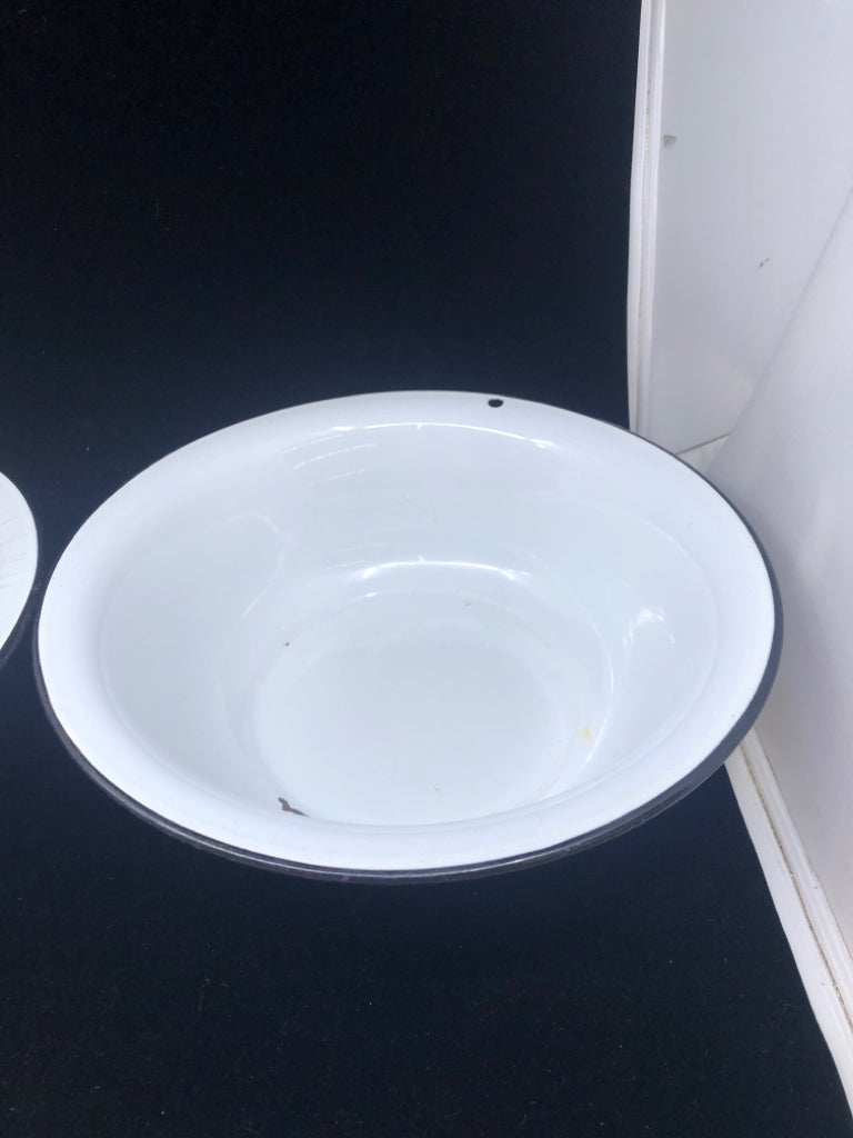 2 WHITE METAL ENAMEL BOWLS.