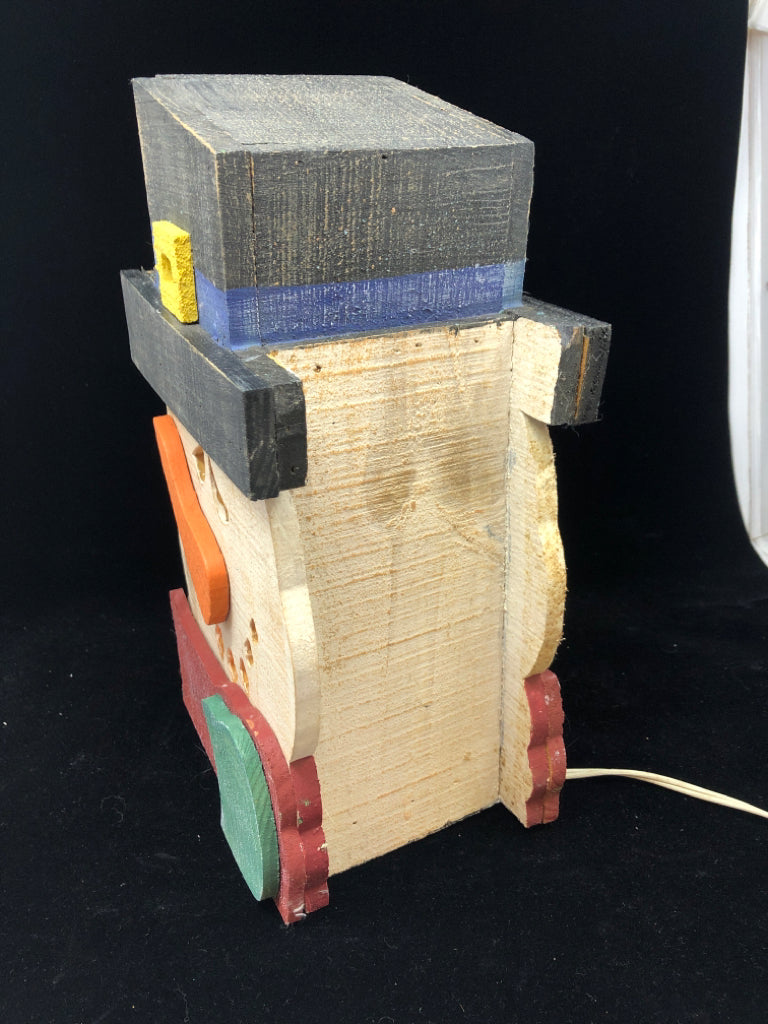 WOODEN LIGHT-UP SNOWMAN HEAD.