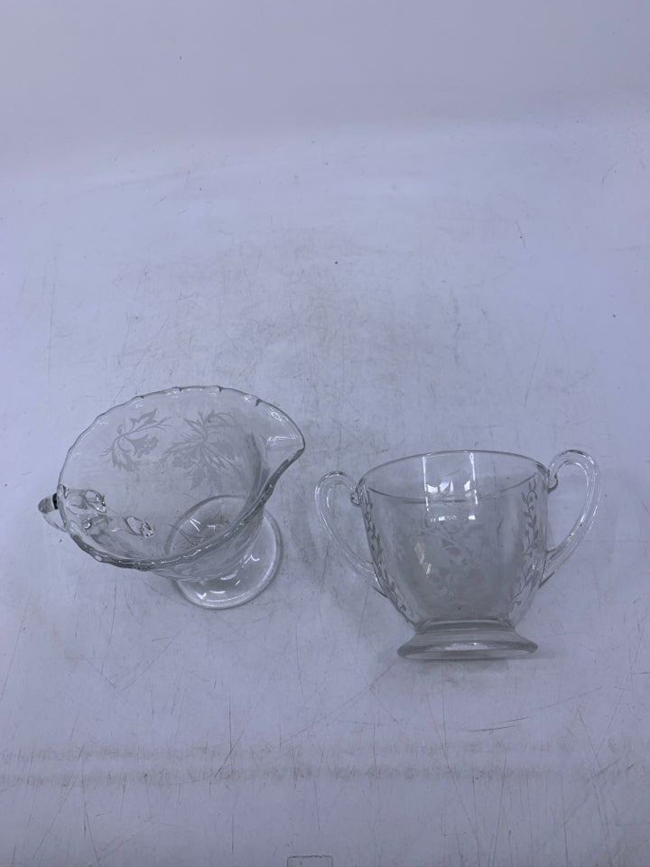 2PC VTG ETCHED GLASS CREAM + SUGAR BOWL