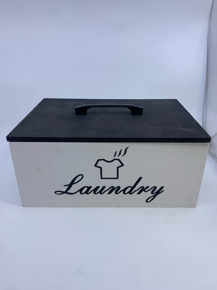 WHITE AND BLACK DISTRESSED LAUNDRY BOX/W LID.