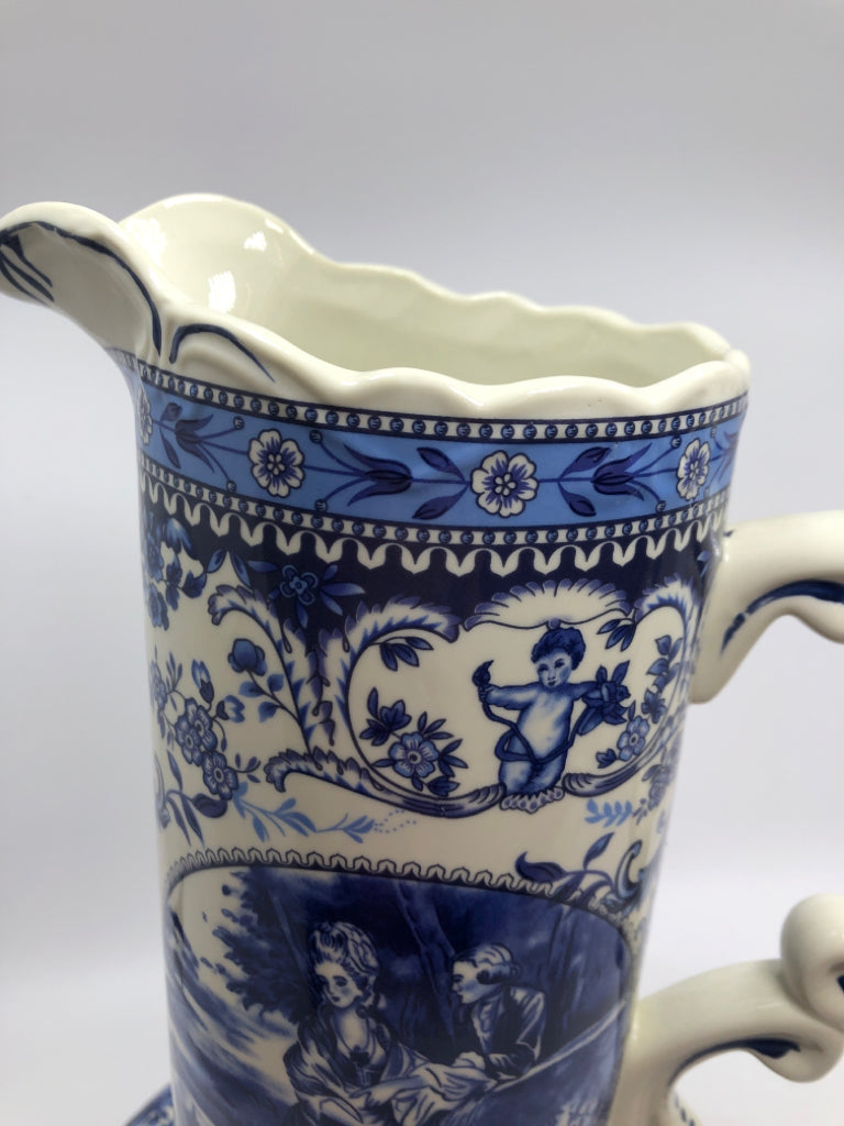 VTG BLUE/WHITE TALL DETAILED PITCHER.
