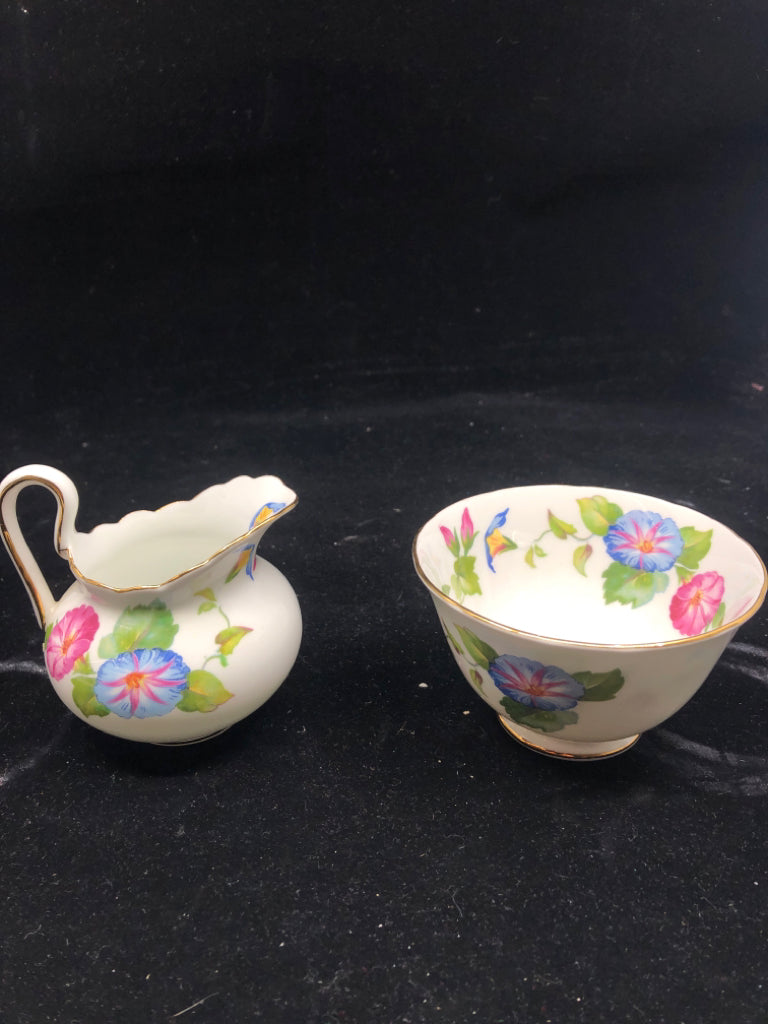 VTG PINK AND BLUE FLORAL SUGAR AND CREAMER.